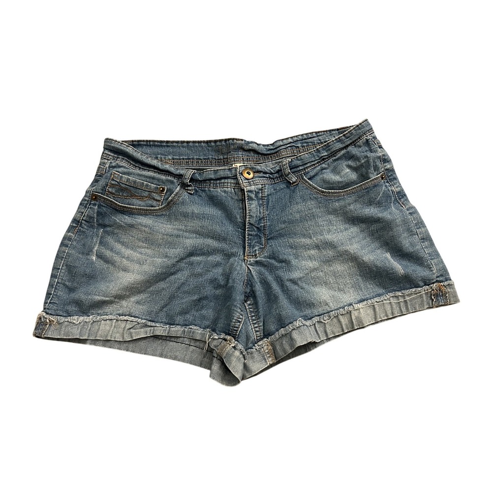 Faded Glory Denim Shorts Womens 14 Blue Excellent Raw Hem Stretch Medium Wash